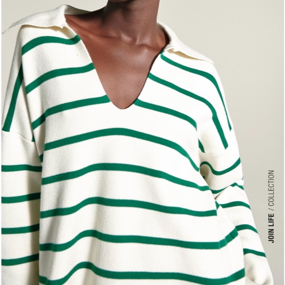 Zara Sweaters - ZARA OVERSIZED STRIPED KNIT COLLARED/POLO SWEATER SMALL GREEN/WHITE